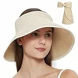 Maylisacc Strohhut Damen, Faltbar Strohhut UV Schutz 50 Sonnenhut Elegant Sommerhut Breite Krempe Visor Cap-Einstellbar, 55-59cm, Beige