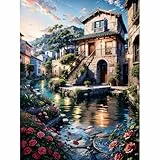 Gemartmall Wasserstadt Malen Nach Zahlen Erwachsene-Landschaft Malen Nach Zahlen für Erwachsene,Wasserstadt Acrylfarbe Malen Nach Zahlen Erwachsene Set zur Geschenk und Heimdekoration (30x40cm)
