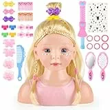 deAO Schminkkopf & Frisierkopf Kinder 23cm – Schminkpuppe mit Blonden Haaren, Schminke und Zubehör Styling Head & Make-up Kopf für Mädchen ab 3 Jahren