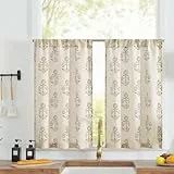 TOPICK Floral Küchengardinen Schiebevorhänge Licht Filter Kurze Fenster Vorhänge Französisch Bauernhaus Leinenoptik Kleine Fenster Bistrogardine für Wohnzimmer Küche 65B x 90H(cm) 2 Platten Grün