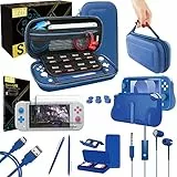 Orzly Switch Lite Accesoires, Zubehör für Nintendo Switch Lite (2019) Panzerglas Schutzfolien, USB Ladekabel, Konsole Tragetasche, Spiele Patronenhülse, Comfort Grip Case, Kopfhörer - Blue