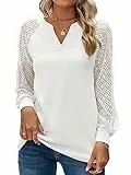 BAISHENGGT Baronin Tunika Damen V Ausschnitt T Shirt Raglan Spitzenärmel Bluse Shirts Lässige Elegante Streetwear Langarm Oberteil Tops Weiß M