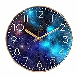 SWECOMZE Wanduhr Lautlos, 25cm, Kinderwanduhr, Zifferblatt mit Galaxie Sterne Weltraum Sternenhimmel, 10 Zoll Kinder Wanduhr Deko für Wohnzimmer Kinderzimmer (Golden,039)