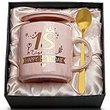 Biching 18. Geburtstag Geschenke für Mädchen, Happy Birthday 18 & Krone, 400 ml, goldenes Muster, rosa Marmor-Kaffeetasse mit Geschenk-Box, Deckel, Löffel, Karte, Nichte, Tochter