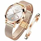 OLEVS Damenuhr Roségold mit Herz Diamant Weiße Gesicht Quarz Armbanduhr Wasserdicht Gürtel Armreif Set