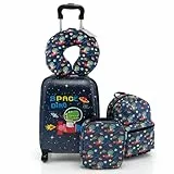 COSTWAY 5 teiliges Kinderkoffer + Rucksack, Kindertrolley mit Lunchbox, Gepäckanhänger & Nackenkissen, Kindergepäck mit Rollen, Handgepäck Reisekoffer Hartschalenkoffer für Jungen & Mädchen (Schwarz)