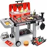 CUTE STONE BBQ Grillspielzeug für Kinder mit farbwechselndem Spielessen, brutzelnden Geräuschen & Lichteffekten, kühlem Sprühnebel Rollbarer Grill mit 2 Ebenen und Pfanne Küchenspielzeug Geschenkidee