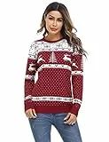 Irevial Christmas Sweater Damen Weihnachtspullover Lustiger Pullover mit Rentier Streifenmuster Rundhals Langarm Strickpulli Warm Hässlicher Weihnachtspulli für Winter und Party Rot M