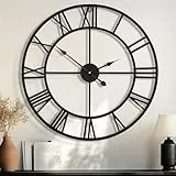 HAITANG 80cm große Wanduhr, übergroß modernes rundes, schwarz Metall geräuschlos, Fast Nicht tickend Batteriebetrieben, römische Ziffern, Uhren für Wohnzimmer, Schlafzimmer, Küchen Wanduhr Dekoration