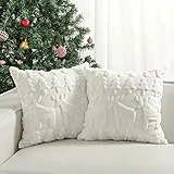Lewondr Weihnachten Kissenbezug 45 * 45cm, Satz von 2 weichen Kunstpelz Kissenbezüge Samt 3D Weihnachtsbaum Rentier Stickerei Platz Kissenbezug für Wohnzimmer Bett Sofa Home Decor, Weiß