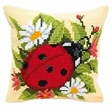 Vervaco Kreuzstich Stickpackungen Kissen Stickerei Set Anfänger Vorgedruckt Marienkäfer DIY Set Kreativ Set Für Erwachsene Dekoratives Kissen ca. 40 x 40 cm Bastelset Handwerker Haus Dekoration
