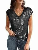 GRACE KARIN Damen Vintage Pailletten Bluse Kurzarm V-Ausschnitt Tunika Glitzer Highlights Tops Festkiche Oberteil für Freizeit Party Club Schwarz L