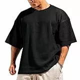 Herren Basic Kurzarm Waffel Sweatshirt Lockere Trainieren Zur Seite Fahren Rundhalsausschnitt Shirt Schwarz L