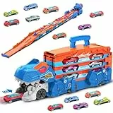 VATOS Dinosaurier Transport Truck Auto Spielzeug - 2 in 1 Auswurf Folding Portable Track Auto Spielzeug mit 8 Race Cars, Träger Fahrzeuge Spielzeug-Set für Kinder Jungen 3-5 Jahre alt