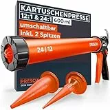 Presch Kartuschenpresse 600ml inkl. 2 Aufsätzen - Umschaltbare Beutelpresse 24:1 & 12:1 Übersetzung für alle Dicht- & Klebstoffe - Kartuschenpistole geschlossen 360° drehbar & rutschfester Griff