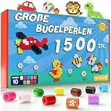 MUTKIND® 1500x Bügelperlen Groß 10mm [10 Tolle Farben] - Für Kinder ab 3 Jahren - Extra Leicht zu Greifen - XL Große Bügelperlen Maxi Steckperlen Set - Inkl. 50 kreativen Vorlagen zum Download