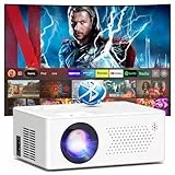 Smart Beamer mit Android, Mini Beamer WiFi6 Bluetooth5.2 Full HD 1080P Tragbarer Outdoor/Heimkino Projektor, 50% Zoom 200-Zoll-Display, Kompatibel mit Stick/HDMI/Smartphone/Spielkonsole