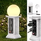 Wegeleuchten Außen mit 4 Steckdosen, Lichtsensor, Höhe 38 cm, 3m-Kabel, Marmor-Optik, LED, IP44 Gartenlampe Gartenleuchten mit Strom für Terrasse, Garten, Rasen