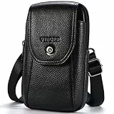 VIIGER Leather Small Crossbody Phone Case Cellphone Belt Holster Dual Pocket Belt Loop Pouch Bag with Clip Men Smartphone Belt Case Holder Mini Messenger Purse Compatible with iPhone 12 Pro Max Case