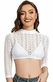 AMZHOTER Dirndl Bluse Damen Dirndlbluse Spitze Trachtenbluse Langarm Weiß Hochgeschlossen Bluse Oktoberfest 36
