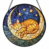 Katzen Deko, 2D Acryl Mond Katze Fensterdeko hängend für Bücherregal deko, Schreibtisch, warme Katze deko für Wohnzimmer Schlafzimmer, Katzen Geschenke für Frauen Geburtstag Valentinstag, 20×20 cm
