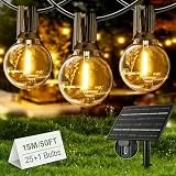 Yuusei Solar Lichterkette Outdoor, 15M Lichterkette Außen, IP65 Wasserdicht & 2700K Warmweiß, 25+1 G40 Dimmbar Aussen LED Glühbirnen Lights für Garten, Pavillon, Balkon, Camping, Party, Hochzeit