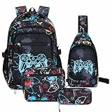 Amythe Schulrucksack Jungen Teenager, 4-tlg. Schulranzen Set mit Brusttasche Brottasche Federmappe für Jungen 3.-9. Klasse, Stilvoll Rucksack Schultasche Tagesrucksäcke,Schwarz