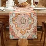 Boho Tischläufer Vintage 33 x 183 cm Orange Bunt Tischläufer Leinen Abwaschbar Türkischer Style Tischdecke Landhausstil Dekoration für Bauernhaus Esszimmer Party Urlaub Tabletop Dekor