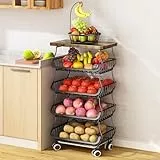Obstkorb, Küche, Speisekammer, Organizer und Aufbewahrung – Holzplatte, stapelbarer Metalldrahtkorb, Ständer für Obst, Gemüse, Snacks, Gläser, Behälter, Organisation, schwarz