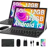 GOODTEL Neueste Tablet 10 Zoll Android mit 12GB RAM+128GB ROM+1TB TF, 5G+2.4G WiFi, GPS, Bluetooth 5.0, 6000mAh, Dual Camera 8+5MP, Cast, OTG, Type C, mit Hülle, Tastatur & Maus - Grau