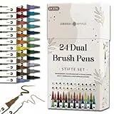 LEBENSKOMPASS Brush Pen Set mit 24 wasserbasierten Dual Brush Pen Stiften - Pinselstifte für: Malbuch für Erwachsene, Handlettering, Kalligraphie & dein Bullet Journal