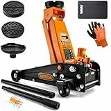 Verda Wagenheber hydraulisch 3T (130-490) 2X Gummi Rangierwagenheber, PKW, Profi, Tief, Doppelpumpsystem Doppelkolben, Heber, Ständer, Flache, Werkstatt, Wohnmobil, Geländewagen Montagehandschuhe