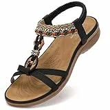 Littleplum Sandalen Damen Freizeit Flach Sandalette Handarbeit mit Strass Perlen Bohemia Strand Schuhe,B Schwarz 38 EU