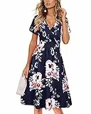 VOTEPRETTY Sommerkleid Damen Knielang Kleid Sommer V Ausschnitt Wickelkleid Kurzarm Midikleid mit Taschen