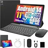 HiGrace Tablet, 11 Zoll Tablet Android 14 Octa-Core-Prozessor, 14 GB RAM + 64 GB ROM (TF 1 TB), 8200 mAh, Widevine L1, WiFi 6, Bluetooth5.3, Typ-C, Tablet-PC mit Tastatur-Maus, Schwarz