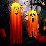 2 Stück Halloween Deko Garten Outdoor Geist Mit Led Lichtern, 90+45cm Halloween Geister Deko Hängende Anhänger Windsäcke Geistergesicht Mit Lichter Gespenster Dekoration für Party,Hof,Terrasse,Rasen