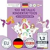 Papierdrachen 100 Metallic-Tattoos zum Aufkleben - Hautfreundliche Kindertattoos Einhorn und Regenbogen - als Geburtstagsmitgebsel oder Geschenkidee - Vegan - in Deutschland hergestellt und geprüft