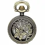 JewelryWe Retro Bronze Schmetterling und Blume Openwork Abdeckung Taschenuhr Quarz Uhr Umhängeuhr Kette Geschenk