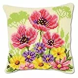 Vervaco Kreuzstich Stickpackungen Kissen Stickerei Set Anfänger Vorgedruckt Blumenbeet m. Mohnblumen DIY Set Kreativ Set Für Erwachseneca. 40 x 40 cm Bastelset Handwerker Haus Dekoration