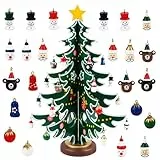 Adventskalender 2024 mit Hölzernen Weihnachtsbaum und 28 Ornamenten, 24 Tage Weihnachten Countdown Adventskalender für Erwachsene Jungen Mädchen Kinder Spielzeug Geschenke Decoration