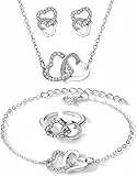 FDEETY 4 Stück Doppelherz Schmuckset Halskette Ohrringe Armband Ring Kristall Damen Schmuck Herzanhänger Hochwertig Elegant Schmuckkollektion