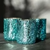 ZEYA Teelichthalter blau, 3er Set, 9,5 cm hoch, Blaue Teelichtgläser groß, Teelichtglas Hellblau, Crackle Tumbler, Deko Kerzengläser Türkis, Windlichter, Wohnaccessoire & Geschenkidee neues Zuhause