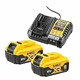 DEWALT 18 Volt / 5.0 Ah Akku Starter-Kit DCB1104P2 (bestehend aus 2x Akkus (DCB184-XJ) & 1x System-Schnellladegerät (DCB1104-QW), mit Ladzustandsanzeige, passend für alle 18 Volt XR Akku-Maschinen)