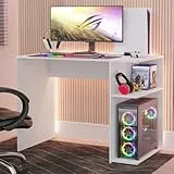 Madesa Gaming-Computertisch, 99 cm, mit 2 Ablagen und Kopfhörer-Aufhänger, Holz, stabil, Heimbüro-Tisch für Kinder und Erwachsene, Weiß