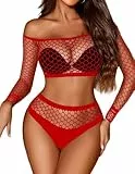 Avidlove Damen Sexy Dessous Set Netzstoff 2-Teilig Negilgee Unterwäsche Netz-Nachthemd Mesh Lingerie Sets Mit BH und Höschen Babydoll Reizwäsche Rot M