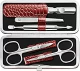 ZWILLING Maniküre-Set (5 teilig, für Pflege der Finger- und Fußnägel, Echtleder Etui mit Metallrahmen), Edelstahl Poliert, Kroko Edition, Rot
