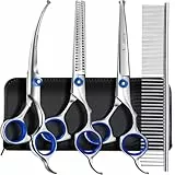 Gimars Professionelle 5-in-1 Fellschere für Hunde, 4CR mit runder Sicherheitsspitze, robuste Titanbeschichtung, gerade und Effilier- und gebogene Schere