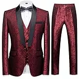 Sliktaa Anzug Herren 3-Teillig mit Schalkragen Muster Hochzeit Formell Business Smoking Jacke Weste und Hose Rot 3XL