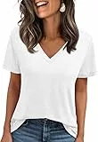 Cuptacc Tshirt Damen Sommer Basic Shirt Oberteile Damen V-Ausschnitt Kurzarm Einfarbig Casual Top Weiß Mittel M 38-40