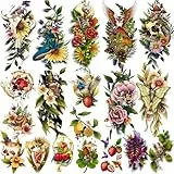 Acevegue 34 Blätter Temporäre Tattoos Set, 10 Blätter Große Realistische Blume Skelett Fake Tatooos zum Aufkleben, 24 Blätter Bunte Klein Früchte Wild Blume Klebetattoos Erwachsene Frauen